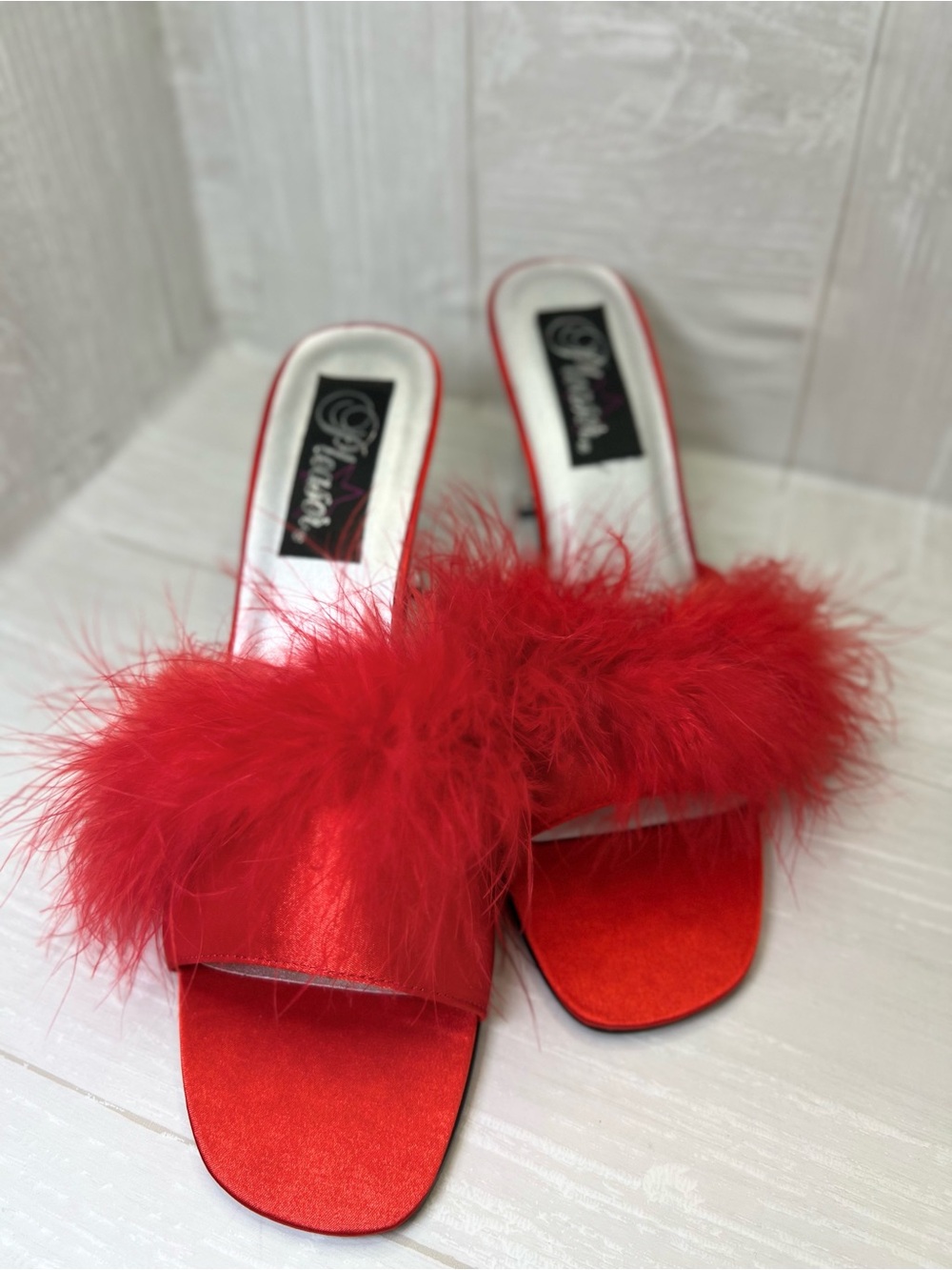 Pleaser Red Feather Satin Slide Mules